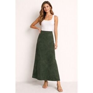 Denim & Co Forest Green 100% Genuine Leather Suede Patchwork Maxi Skirt Large